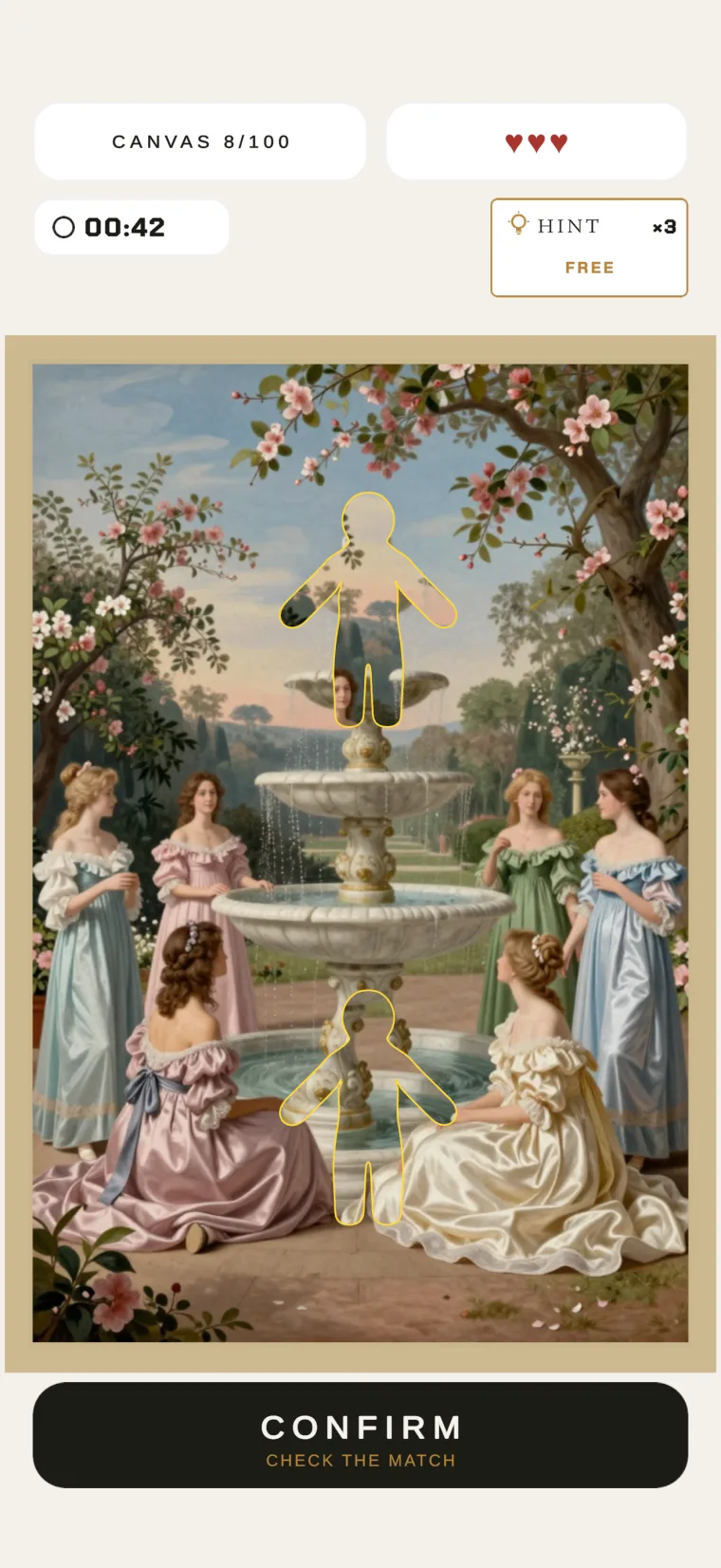 Two camouflaged figures hidden in a garden painting