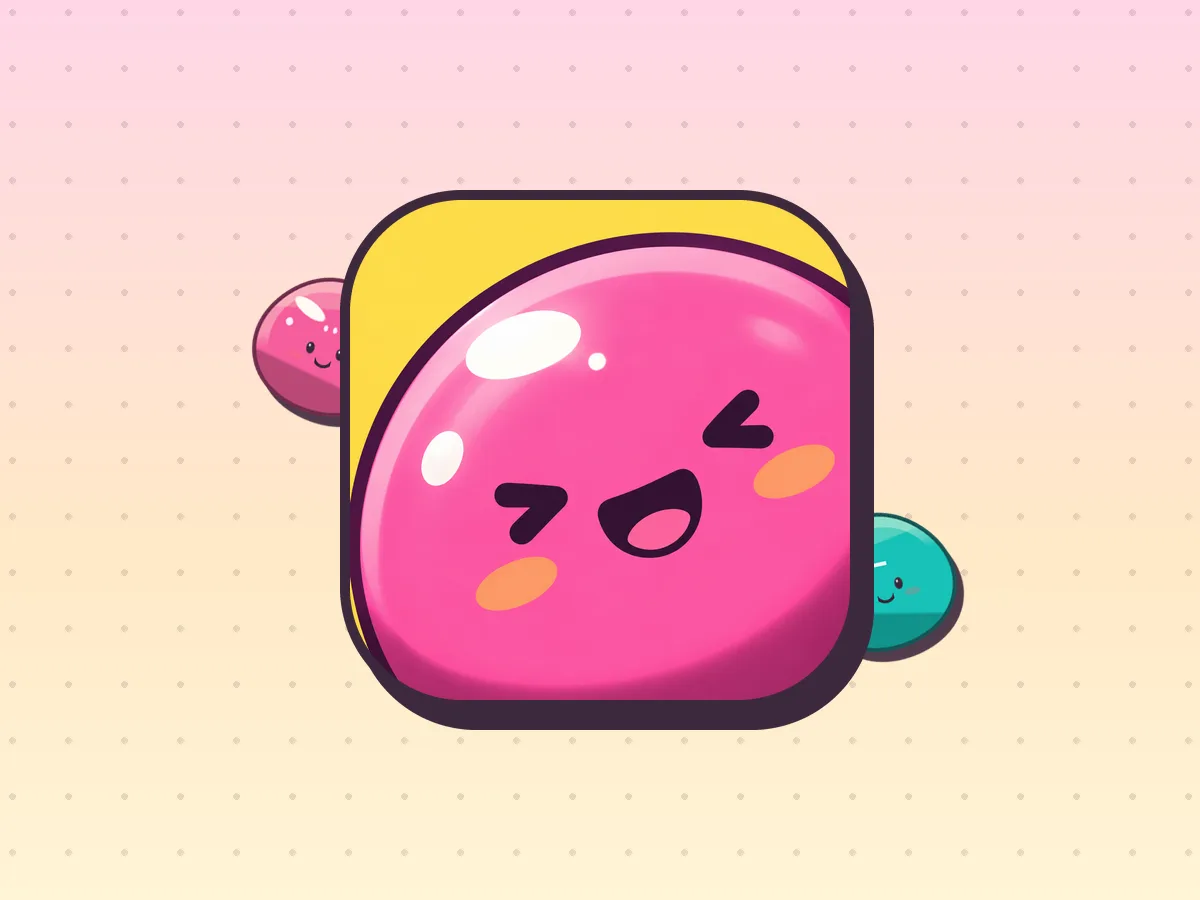 Jelly Pull app icon: a laughing pink jelly on yellow, with a pink and a teal jelly peeking out from behind it
