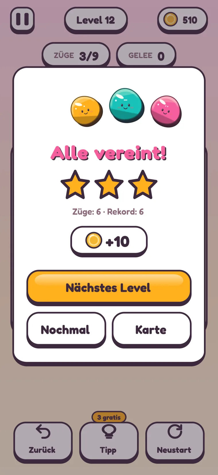 Die Abschlusskarte von Level 12: „Alle vereint!“, drei Sterne, „Züge: 6 · Rekord: 6“, +10 Münzen und die Schaltflächen „Nächstes Level“, „Nochmal“ und „Karte“.