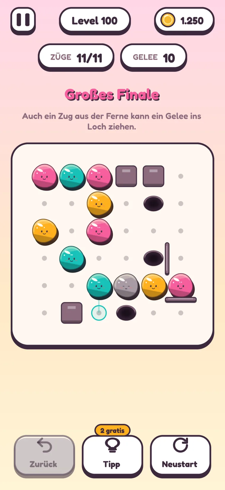 Level 100, „Großes Finale“ („Auch ein Zug aus der Ferne kann ein Gelee ins Loch ziehen.“): ein 6×6-Spielfeld mit Mauern, einem grauen Gelee, Zäunen und Löchern zugleich.