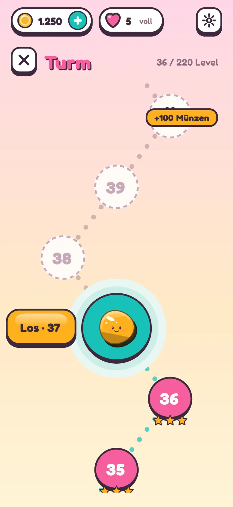 Die Karte „Turm“ mit „36 / 220 Level“: Level 35 und 36 mit je drei Sternen, die orangefarbene Schaltfläche „Los · 37“ neben dem nächsten Stockwerk und darüber ein Meilenstein „+100 Münzen“.