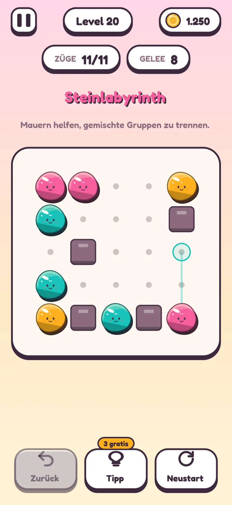 Level 20, „Steinlabyrinth“ („Mauern helfen, gemischte Gruppen zu trennen.“): Vier quadratische violette Mauern stehen zwischen den Gelees auf einem 5×5-Spielfeld; rechts ist ein Ziehpunkt gewählt, eine Linie führt zum pinken Gelee darunter.