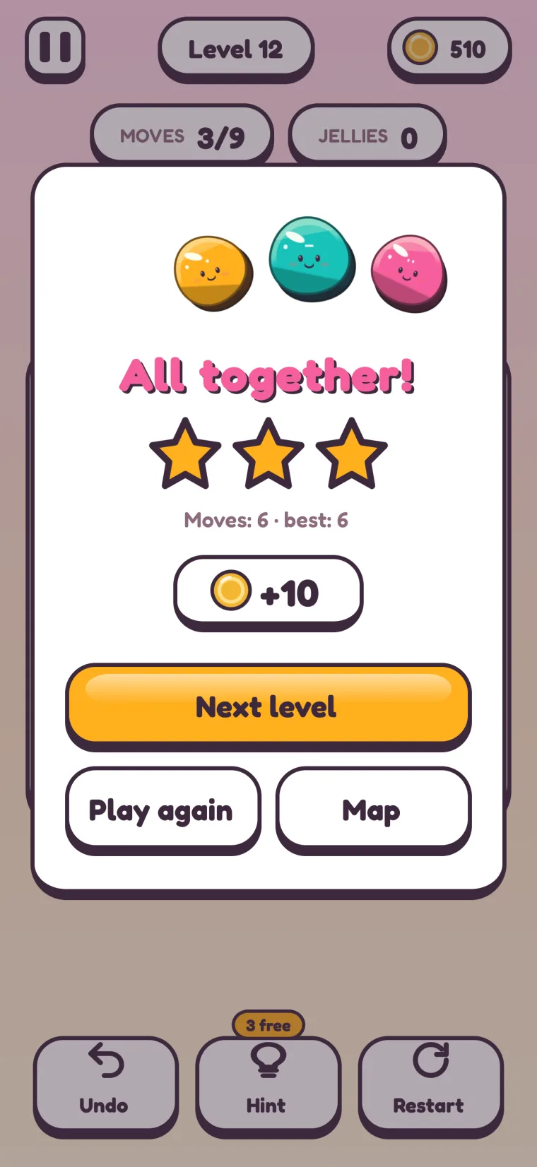 The level complete card for level 12: All together!, three stars, Moves: 6 · best: 6, +10 coins, and the Next level, Play again and Map buttons.