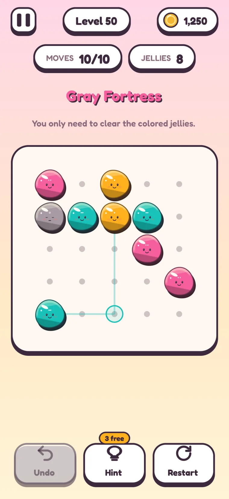 Level 50, Gray Fortress: a gray jelly on the left among pink, orange and teal jellies, with a pull point armed below them.