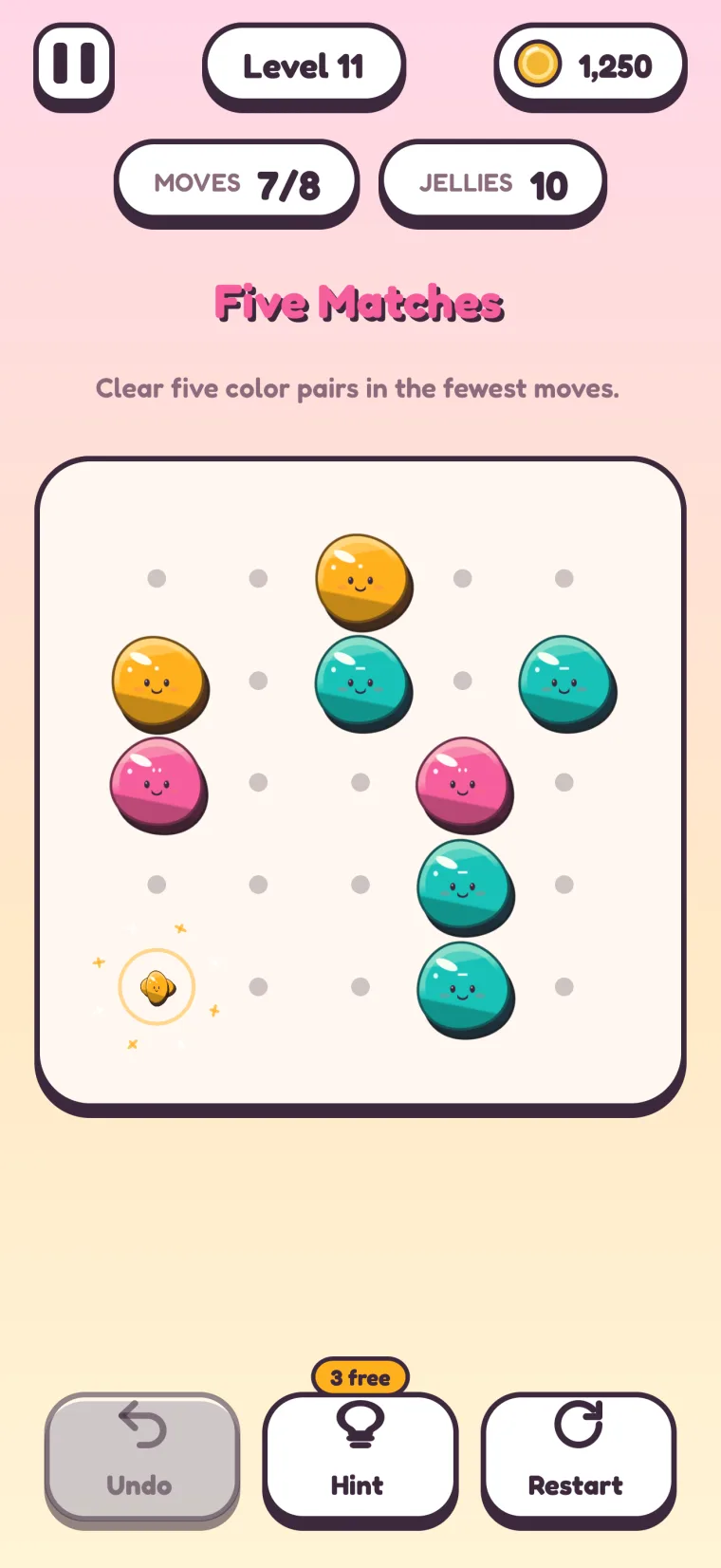Level 11, Five Matches: an orange merge popping in a burst of sparkles on the bottom-left point, with orange, teal and pink jellies still waiting on the board.