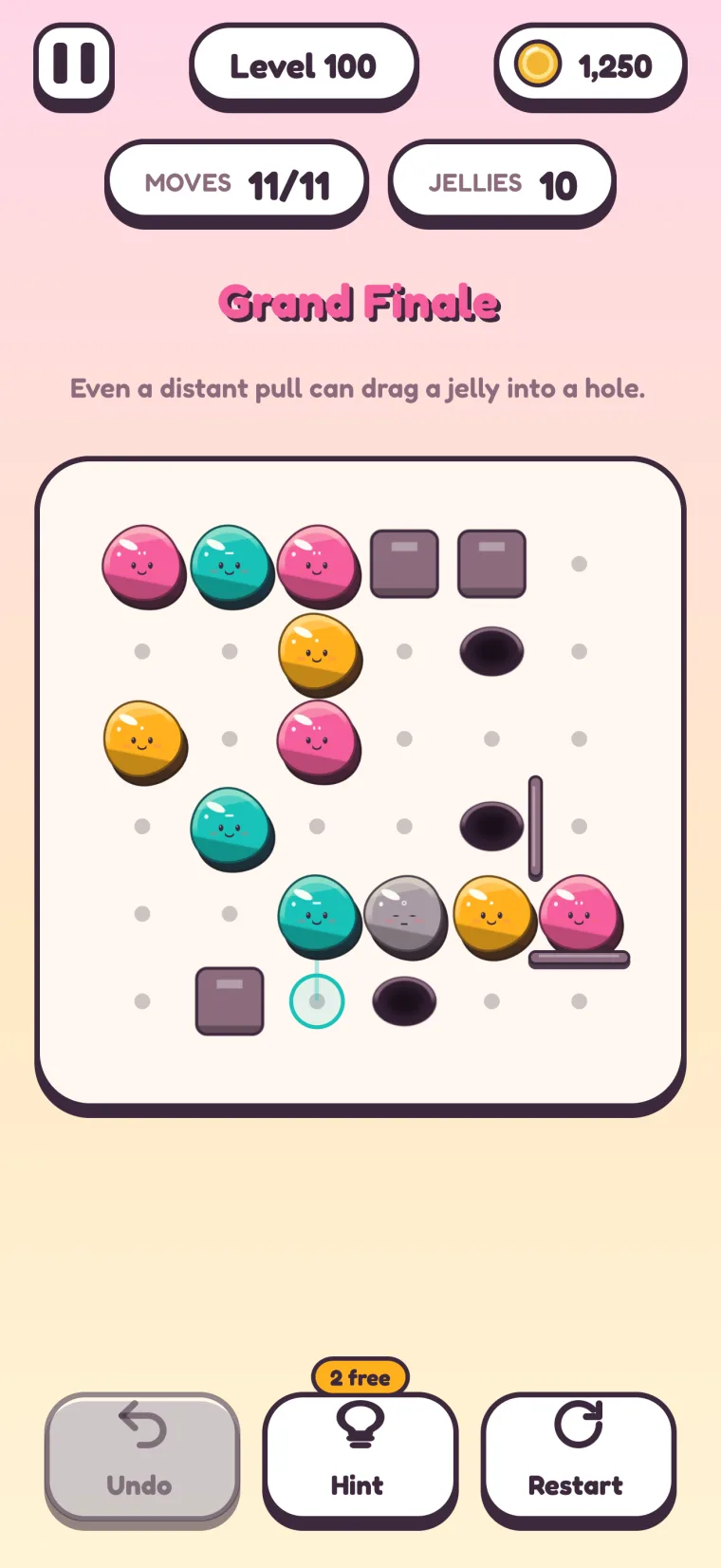 Level 100, Grand Finale: a 6×6 board with walls, a gray jelly, fences and holes all at once.