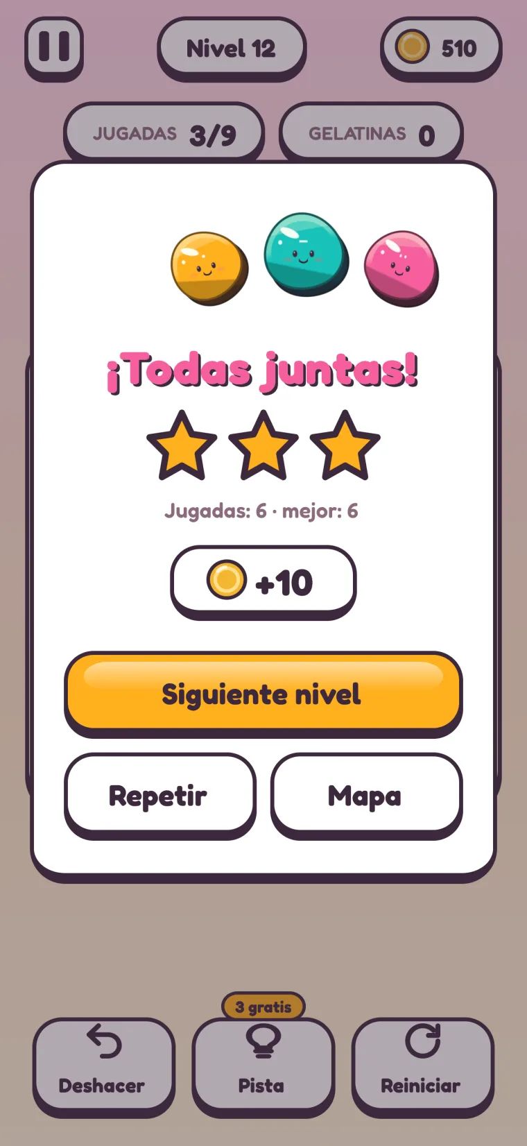 La tarjeta de nivel completado del nivel 12: “¡Todas juntas!”, tres estrellas, “Jugadas: 6 · mejor: 6”, +10 monedas y los botones “Siguiente nivel”, “Repetir” y “Mapa”.