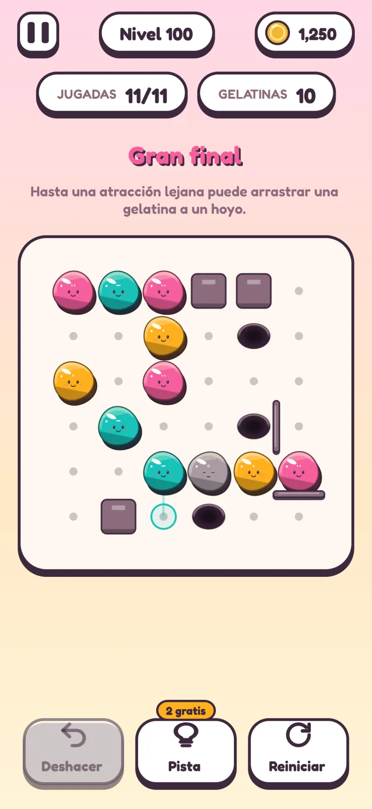 Nivel 100, “Gran final” (“Hasta una atracción lejana puede arrastrar una gelatina a un hoyo.”): un tablero de 6×6 con muros, una gelatina gris, vallas y hoyos a la vez.