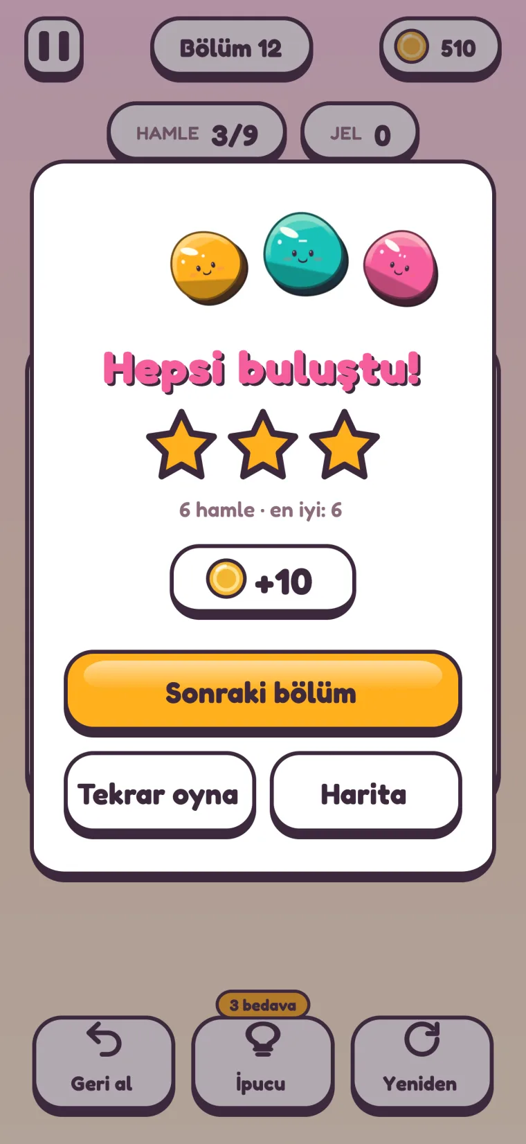 12. bölümün tamamlanma kartı: Hepsi buluştu!, üç yıldız, en iyisi 6 olan 6 hamle, +10 altın ve Sonraki bölüm, Tekrar oyna ve Harita düğmeleri.
