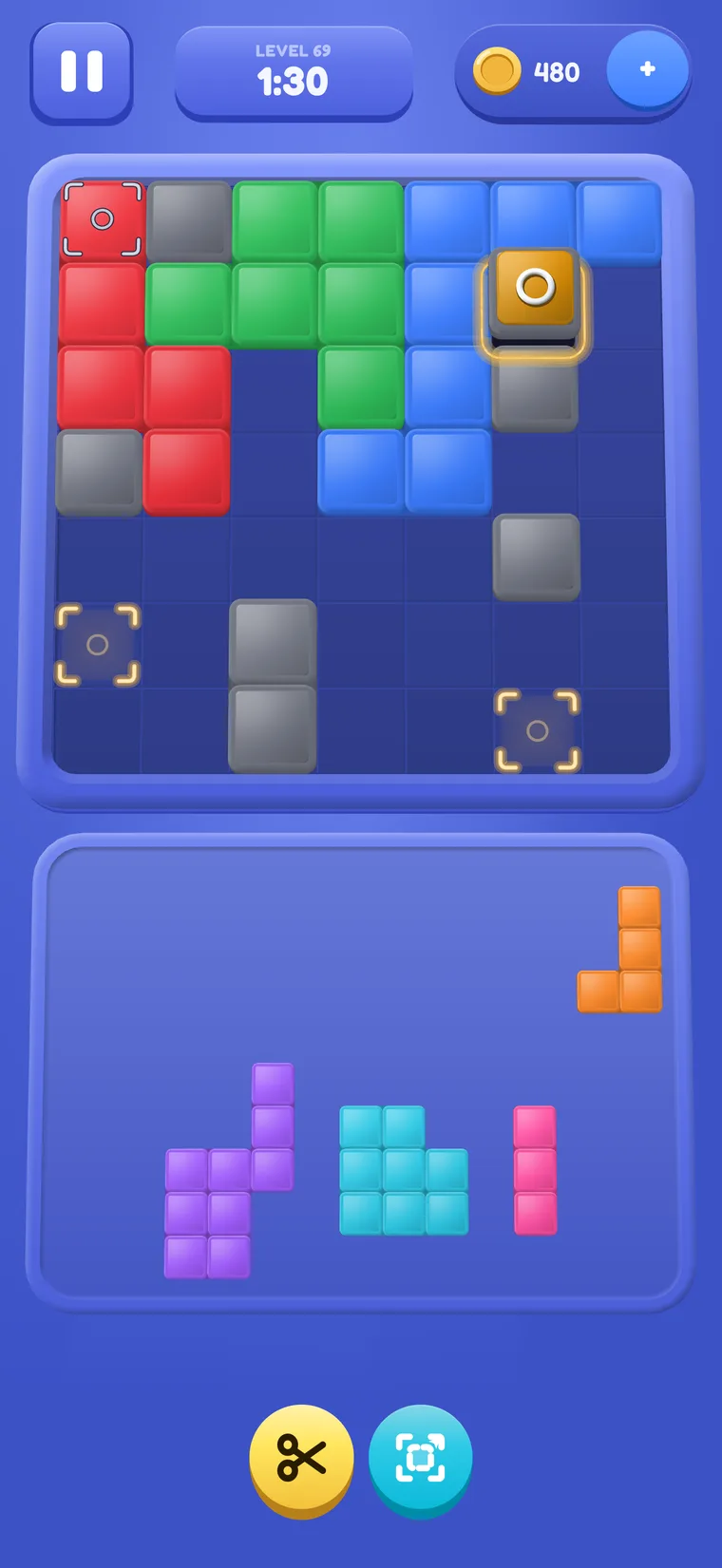 A 7×7 board with grey blocks among the pieces; one block is lifted and glowing gold, and corner brackets mark cells on the board.