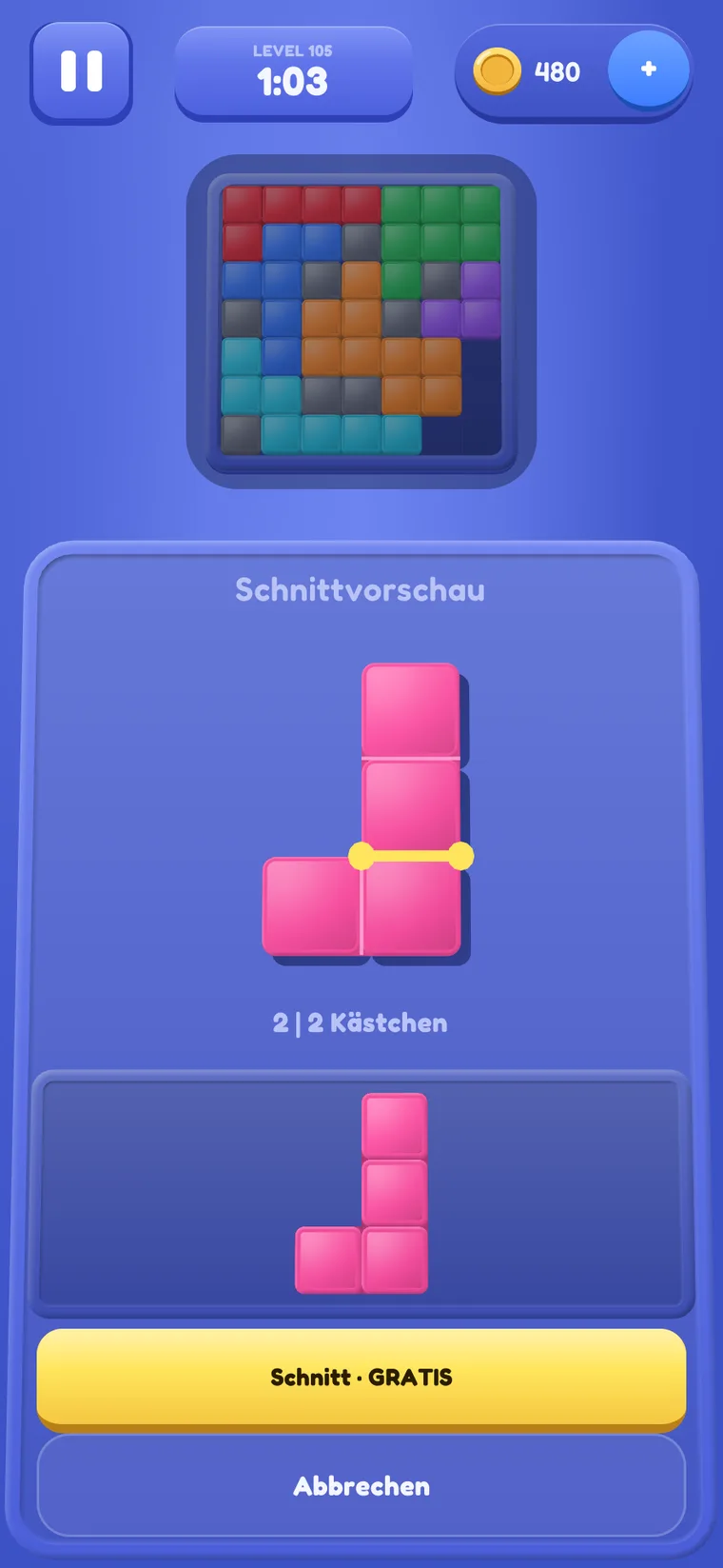 Die Schnittvorschau: ein pinkes Teil mit einer gelben Schnittlinie entlang einer Rasterlinie, darunter die gelbe Schaltfläche „Schnitt · GRATIS“.