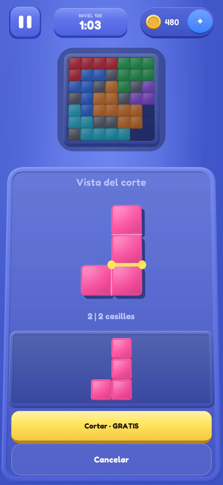 La Vista del corte: una pieza rosa con una línea de corte amarilla trazada sobre una línea de la cuadrícula, encima de un botón amarillo “Cortar · GRATIS”.