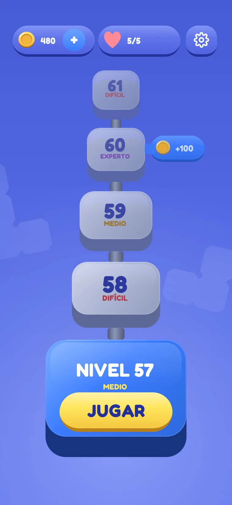 El mapa de la torre: el piso actual, “NIVEL 57”, con un botón amarillo “JUGAR”, y encima los pisos 58 a 61, marcados DIFÍCIL, MEDIO, EXPERTO y DIFÍCIL, con un premio de +100 monedas junto al 60.